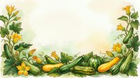Watercolor garden vegetables and yellow flowers arranged as decorative border frame with fresh produce including squash, zucchini, and beans for culinary, gardening, and organic food design projects.