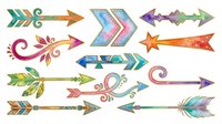 Colorful decorative arrows with ornamental flourishes, feathers, and geometric patterns in watercolor style. Isolated clipart elements suitable for graphic design, web graphics, invitations, and craft projects.