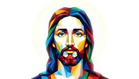 Colorful geometric portrait of Jesus Christ with rainbow hues and modern artistic style for religious and spiritual design projects.