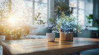 Glowing holographic tree emerging from wooden pot on desk with magical sparkles and butterflies in sunlit room interior, creating ethereal atmosphere.