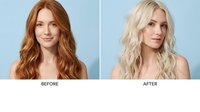 Hair transformation before and after comparison showing woman with red hair changing to platinum blonde wavy hairstyle for beauty salon marketing.