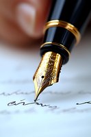 Gold fountain pen nib writing on white paper with elegant cursive handwriting, macro photography showing intricate details of ornate metalwork and signature.