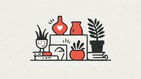 Minimalist line art shelf with decorative vases, potted plants, books and home decor elements in red and black colors on textured background. For interior design projects.