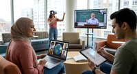 Young diverse professionals collaborating in modern office during video conference call with remote team members on laptops and large display screen.