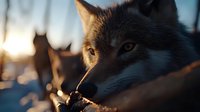 Wild gray wolf portrait in golden sunset light with intense amber eyes and detailed fur texture for wildlife photography and nature projects.