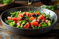 Fresh mixed salad with cherry tomatoes and greens being drizzled with olive oil in rustic bowl for healthy dining and Mediterranean cuisine.
