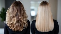 Comparison of two blonde hairstyles - wavy balayage and straight sleek cut shown from behind on women wearing black tops in salon setting.