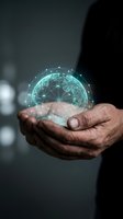 Male professional holding glowing digital globe with network connections, representing global business, technology innovation, and worldwide connectivity for corporate communications.