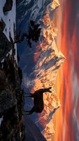 Lone hiker silhouette against dramatic alpine sunrise with snow-capped mountain peaks glowing in golden light creating breathtaking wilderness adventure scene.
