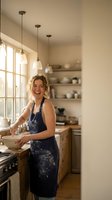 Happy blonde woman potter working with clay in bright modern kitchen studio wearing blue apron smiling at camera during creative ceramic crafting session.