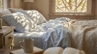 Sunlit bedroom with unmade bed, soft pillows, and natural light streaming through window, perfect for home decor, lifestyle, and interior design projects.