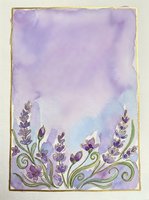 Lavender flowers with ornamental scrollwork border on watercolor background with gold frame, suitable for greeting cards, invitations, stationery design.