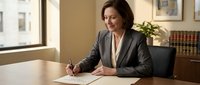 Professional middle-aged Caucasian businesswoman in gray suit signing documents at wooden desk in modern office with natural lighting and law books.