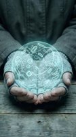 Hands holding glowing digital sphere with medical icons and healthcare symbols for telemedicine and digital health technology concepts.