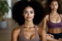 Young African American woman with curly hair in brown sports bra during yoga class. Fitness instructor leading meditation session in wellness studio.
