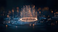 Glowing orange circle with rising light particles on dark background with bokeh effect creates futuristic technology concept for digital transformation and AI innovation.