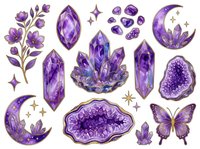 Amethyst crystals, geodes, and purple gemstones with celestial moons and stars. Isolated mineral specimens and butterfly designs on white background, ready for clipart, t-shirt designs, and digital projects.