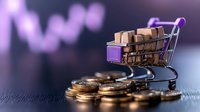Shopping cart filled with cardboard boxes on stack of golden coins against purple bokeh background, representing e-commerce and online retail business growth.