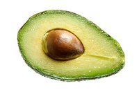 Fresh ripe avocado half with brown pit isolated on white background for healthy cooking and nutrition design projects.