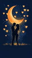 Romantic couple silhouette against glowing crescent moon with floating heart shapes and starry night sky, standing in grass field at midnight.