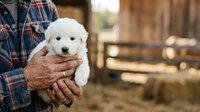 White fluffy puppy held in farmer's hands wearing plaid shirt on rural farm, showcasing pet care and agricultural lifestyle for farming and animal husbandry content.