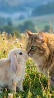 Long-haired tabby cat and cream-colored goat standing together in wildflower meadow with blurred mountain landscape background. Suitable for animal friendship, farm life, and nature themes.