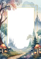 Enchanted forest frame with fairy tale castle, magical mushrooms, autumn trees and golden border for fantasy storytelling and children's book design.