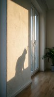Cat shadow silhouette on sunlit wall near window in modern home interior with wooden floor and plant creating peaceful domestic atmosphere.