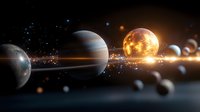 Planets of solar system aligned in space with glowing sun and stardust, cosmic scene showing celestial bodies in astronomical composition.