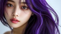 Young Asian woman with flowing purple ombre hair against white background, soft natural makeup and glossy lips, looking directly at camera with serene expression.