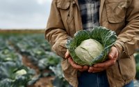 Farmer holding fresh harvested cabbage in hands against background of cabbage field, showcasing organic farming and agriculture.