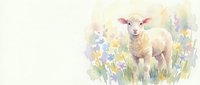 Watercolor lamb standing in spring meadow with wildflowers, soft pastel colors, farm animal illustration for nursery decor and greeting cards.