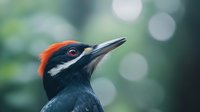 Striking close-up portrait of pileated woodpecker with distinctive red crest and black plumage against soft bokeh background showing natural forest habitat.