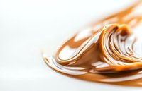Swirling caramel and cream create smooth flowing abstract patterns on white background, showcasing rich texture and glossy finish for food photography and dessert marketing.