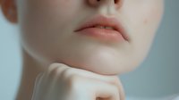 Close-up portrait of young Asian woman's lips and chin with gentle hand gesture against soft blue background, showing natural beauty and skincare concept.