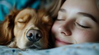 Young Caucasian woman and golden retriever dog sleeping peacefully together on bed, close-up portrait showing emotional bond between pet and owner in cozy home setting.