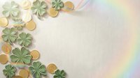 St Patricks Day background with paper shamrocks and gold coins on rainbow gradient surface for Irish holiday celebration design projects.
