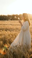 Young woman in white dress blowing dandelion seeds in golden wheat field at sunset, dreamy summer moment with warm sunlight and peaceful countryside atmosphere.