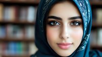 Young Middle Eastern woman wearing blue patterned hijab smiles warmly at camera, showcasing natural makeup and confident expression against blurred library background.