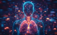 Glowing digital visualization of human respiratory system with lungs and trachea in blue and red neon colors against dark background with bokeh effect.