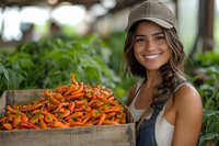 Young Hispanic female farmer in overalls and cap smiling next to wooden crate filled with fresh harvested orange chili peppers at local organic farm. Natural lighting.