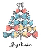 Festive tree shape made of colorful hand drawn bows in blue, coral and yellow arranged in pyramid formation with Merry Christmas text, isolated on white background.
