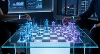 Futuristic holographic chess game with glowing pieces on digital board in modern office setting with business analytics displays in background.