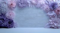 Elegant paper flowers frame in soft pink and purple shades creating romantic arch composition on light blue background, suitable for wedding and celebration designs.