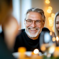 Mature Caucasian man with gray hair and beard wearing glasses and black turtleneck smiles warmly during social gathering with soft bokeh lights in background.