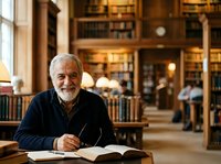 Senior man with white beard and gray hair, wearing dark cardigan, writing in open book at wooden desk in traditional library with bookshelves, warm lighting, studying or researching.