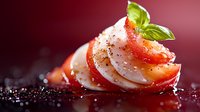 Fresh sliced tomatoes layered with mozzarella cheese and basil leaves, garnished with black pepper and salt on dark red background with bokeh effect.
