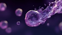 Glowing purple bubble with dynamic liquid splash and motion trail floating in dark space, surrounded by smaller translucent spheres creating magical atmosphere.