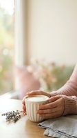 Woman hands holding white ceramic mug with hot beverage near window with natural light and lavender flowers on wooden table for cozy morning routine.