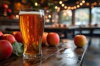 Glass of cold craft beer with fresh red apples on rustic wooden table in pub setting with warm bokeh lights in background, creating cozy autumn atmosphere.